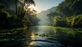 Tranquil scene green forest, mountain, sunset, reflection, sunlight, pond generated by AI Royalty Free Stock Photo