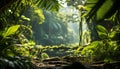 Tranquil scene green forest, sunlight, wet footpath, mountain, fern generated by AI Royalty Free Stock Photo