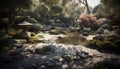 Tranquil scene green forest, water, summer, leaf, rock, fish generated by AI