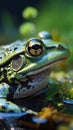 Tranquil scene: Green frog Rana esculenta enjoys the water\'s embrace.