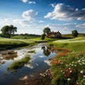 Tranquil scene of green grass, flowers, and a flowing creek in a charming rural setting
