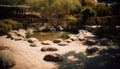 Tranquil scene Green landscape, pond, rock, tree, and grass generated by AI