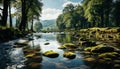 Tranquil scene green meadow, flowing water, mountain range, peaceful footpath generated by AI Royalty Free Stock Photo