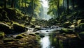 Tranquil scene green mountain, flowing water, falling leaves, peaceful forest generated by AI Royalty Free Stock Photo