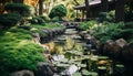 Tranquil scene of green pond reflects Japanese beauty generated by AI