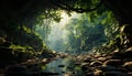 Tranquil scene green tree, flowing water, reflecting sunlight on pond generated by AI Royalty Free Stock Photo