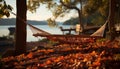 Tranquil scene hammock rests under autumn tree, enjoying nature beauty generated by AI Royalty Free Stock Photo