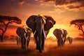 A serene herd of elephants grazing in the golden savannah at sunrise