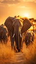 A serene herd of elephants grazing in the golden savannah at sunrise