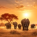 A serene herd of elephants grazing in the golden savannah at sunrise