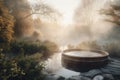 A tranquil scene of a hot tub: The image show a hot tub set in a peaceful lake, with steam rising from the water. Soft, warm color