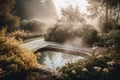 A tranquil scene of a hot tub: The image show a hot tub set in a peaceful lake, with steam rising from the water. Soft, warm color