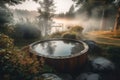 A tranquil scene of a hot tub: The image show a hot tub set in a peaceful lake, with steam rising from the water. Soft, warm color