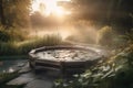 A tranquil scene of a hot tub: The image show a hot tub set in a peaceful lake, with steam rising from the water. Soft, warm color