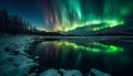 Tranquil scene illuminated by majestic aurora polaris in Alberta winter landscape generated by AI