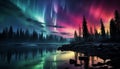 Tranquil scene illuminated sky reflects multi colored galaxy on water generated by AI Royalty Free Stock Photo