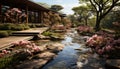 Tranquil scene Japanese garden reflects beauty in nature fresh springtime generated by AI