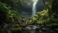Tranquil scene of majestic tropical rainforest with flowing water and ferns generated by AI