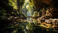 Tranquil scene of a majestic tropical rainforest, reflecting in a pond generated by AI