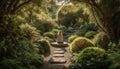 Tranquil scene of a meditating statue in a formal garden generated by AI