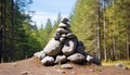 Tranquil scene, mountain cairn balances nature harmony generated by AI