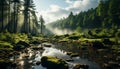 Tranquil scene mountain peak, forest, meadow, flowing water, peaceful nature generated by AI Royalty Free Stock Photo