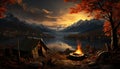 Tranquil scene mountain peak, sunset, campfire, tent, reflection, nature generated by AI