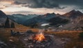 Tranquil scene of mountain range at dusk, campfire burning bright generated by AI