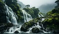 Tranquil scene mountain range, flowing water, green foliage, blue sky generated by AI Royalty Free Stock Photo