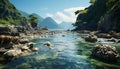 Tranquil scene mountain reflection, green grass, and blue water generated by AI