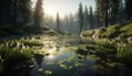 Tranquil scene of natural beauty forest, pond, and mountain range generated by AI