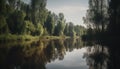 Tranquil scene of natural beauty forest, tree, reflection, pond, grass generated by AI