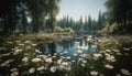 Tranquil scene of natural beauty forest, water, and wildflowers generated by AI