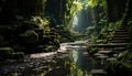 Tranquil scene nature beauty, green forest, flowing water, mysterious rock generated by AI