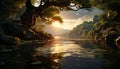 Tranquil scene nature beauty reflected in sunset over forest pond generated by AI Royalty Free Stock Photo