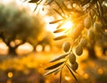 tranquil scene with an olive tree, its branches laden with ripe olives, all bathed in the soft, golden hues of a setting sun