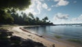 Tranquil scene palm tree, sand, water, sunset, relaxation, beauty generated by AI