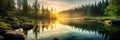 Tranquil scene of a panoramic landscape with sunset and sky over idyllic lake and river with reflection Royalty Free Stock Photo