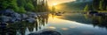 Tranquil scene of a panoramic landscape with sunset and sky over idyllic lake and river with reflection. Royalty Free Stock Photo