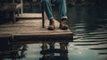 A person sitting on a dock with their feet in the water created with Generative AI Royalty Free Stock Photo