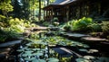 Tranquil scene of a pond in a formal garden generated by AI Royalty Free Stock Photo