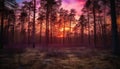 Tranquil scene of a purple sunset over a foggy forest generated by AI Royalty Free Stock Photo