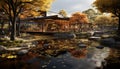 Tranquil scene reflection of autumn tree in pond at dusk generated by AI Royalty Free Stock Photo
