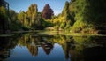 Tranquil scene of reflection lake in wilderness generated by AI