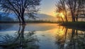 Tranquil scene of reflection, tree, and water generated by AI