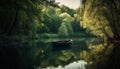 Tranquil scene of reflection on water in idyllic forest generated by AI