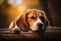 Tranquil scene, a seasoned beagle rests with head resting on paws