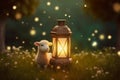 Tranquil scene, sheep and lantern with a shining star Royalty Free Stock Photo
