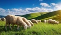 Flock of Sheep Grazing in a Picturesque Landscape A Peaceful Gathering Amidst Golden Grass and Serene Hills at Dusk Royalty Free Stock Photo