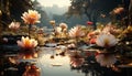 Tranquil scene of a single lotus flower floating on water generated by AI
